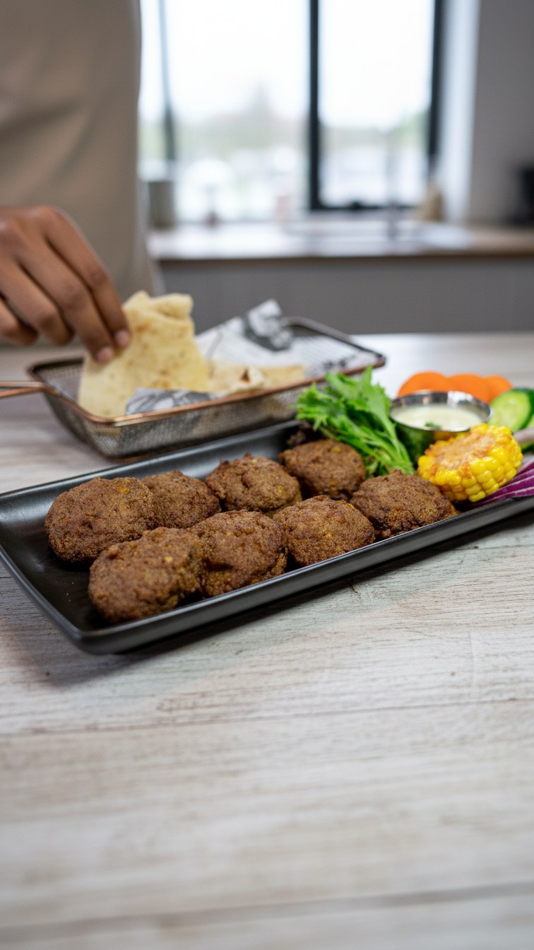 Galouti kebab patties on a black platter with herbs, sliced onion, carrot and cucumber, and a basket of bread
