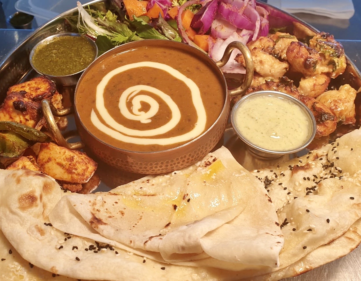 Original photograph of the Vegetarian Feast with daal, kebabs and breads