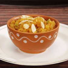 Photograph of Moong Daal Halwa garnished with almonds