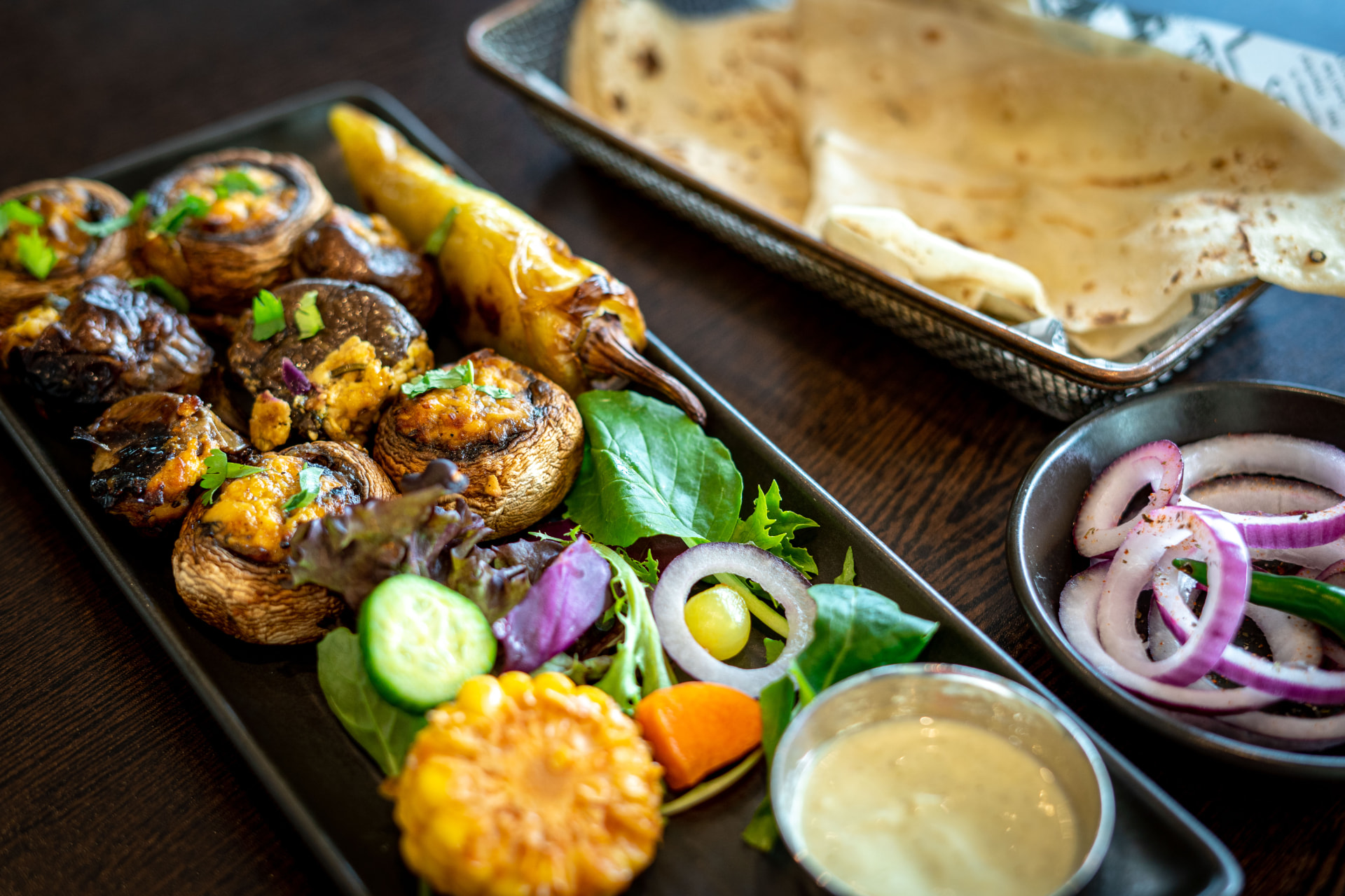 Original photograph of Bharwan Sabz Tandoori stuffed mushrooms and chilli