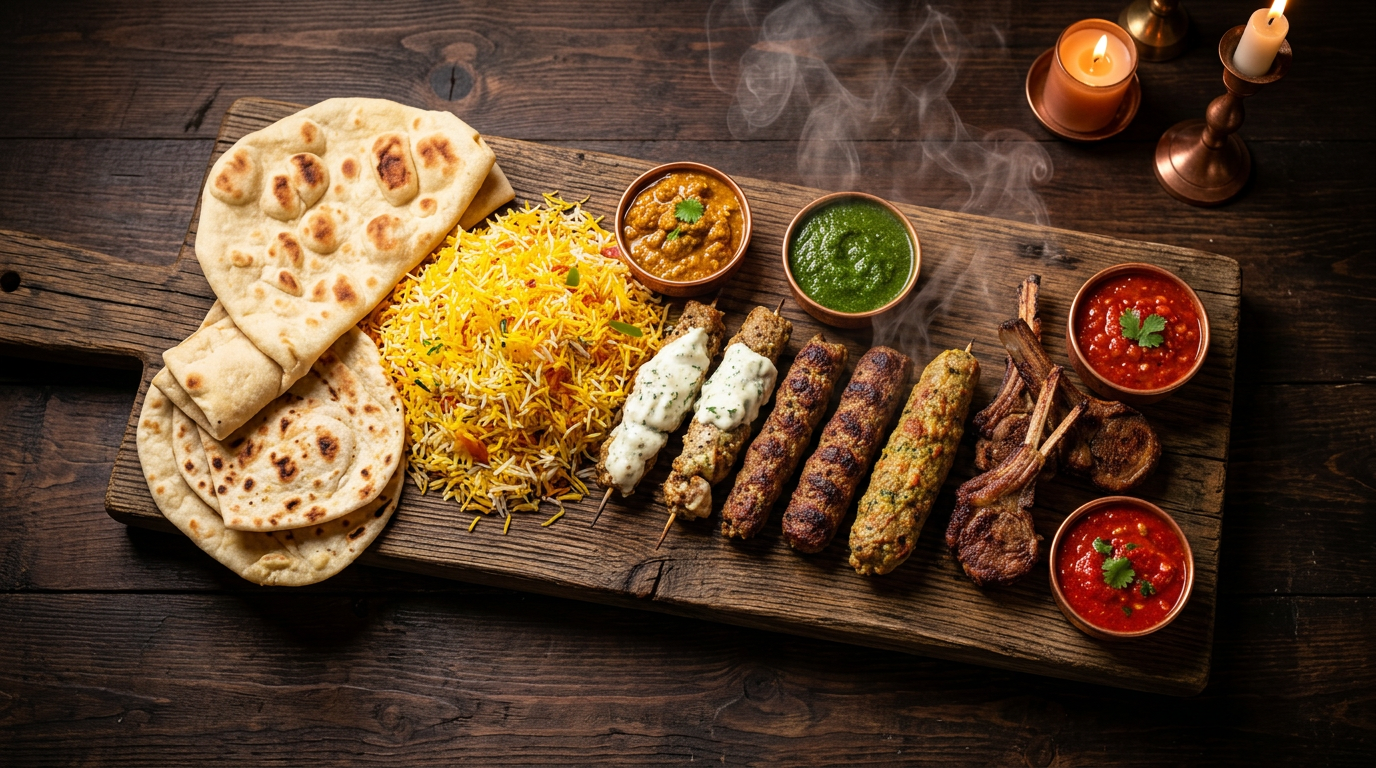 Metre-long rustic wooden platter overflowing with kebabs, biryani and chutneys