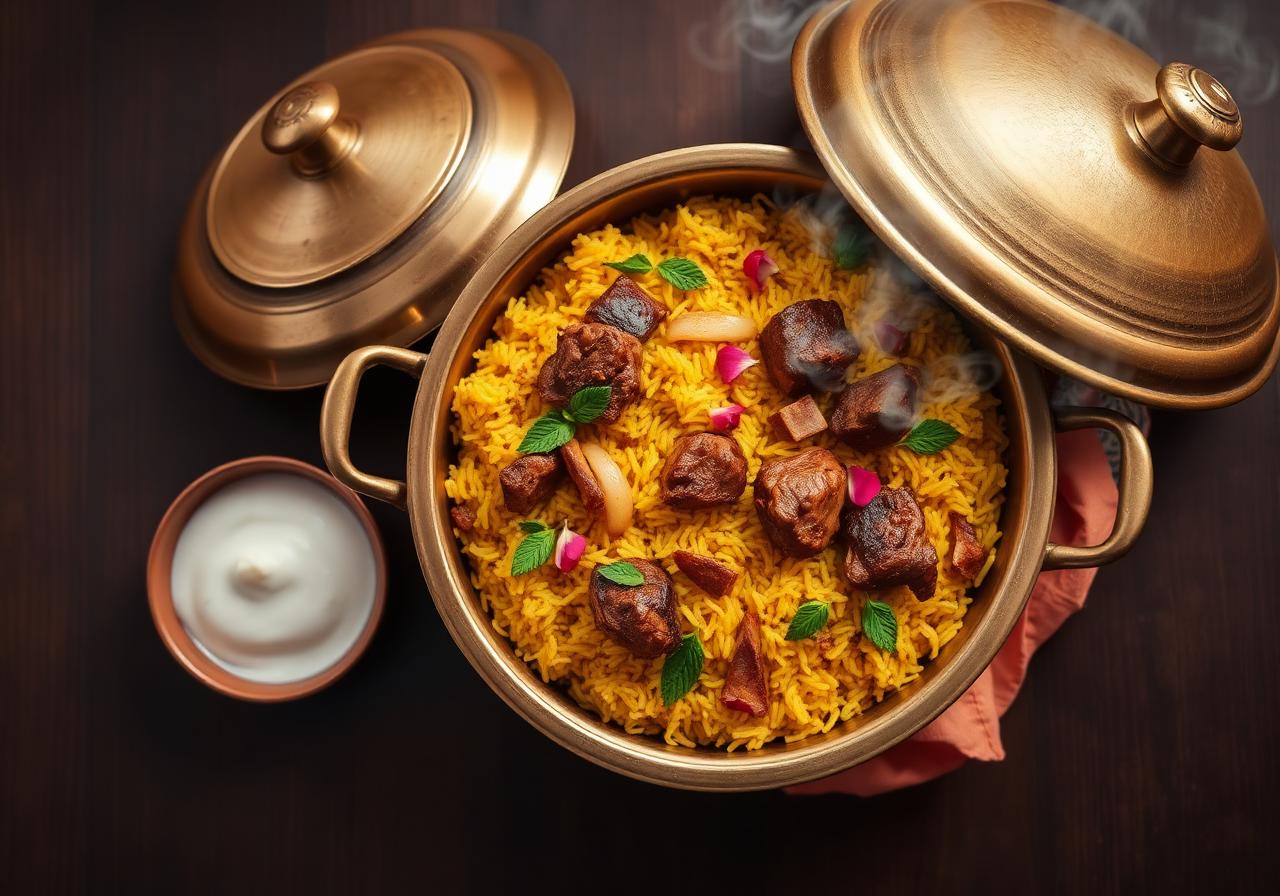 Hyderabadi dum biryani in a brass handi with saffron rice, tender lamb, mint and rose petals