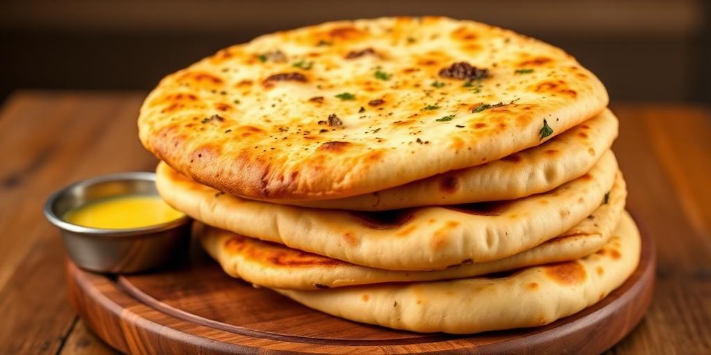 Assorted Indian breads — saffron naan, garlic naan, butter naan and rumali roti on a wooden board