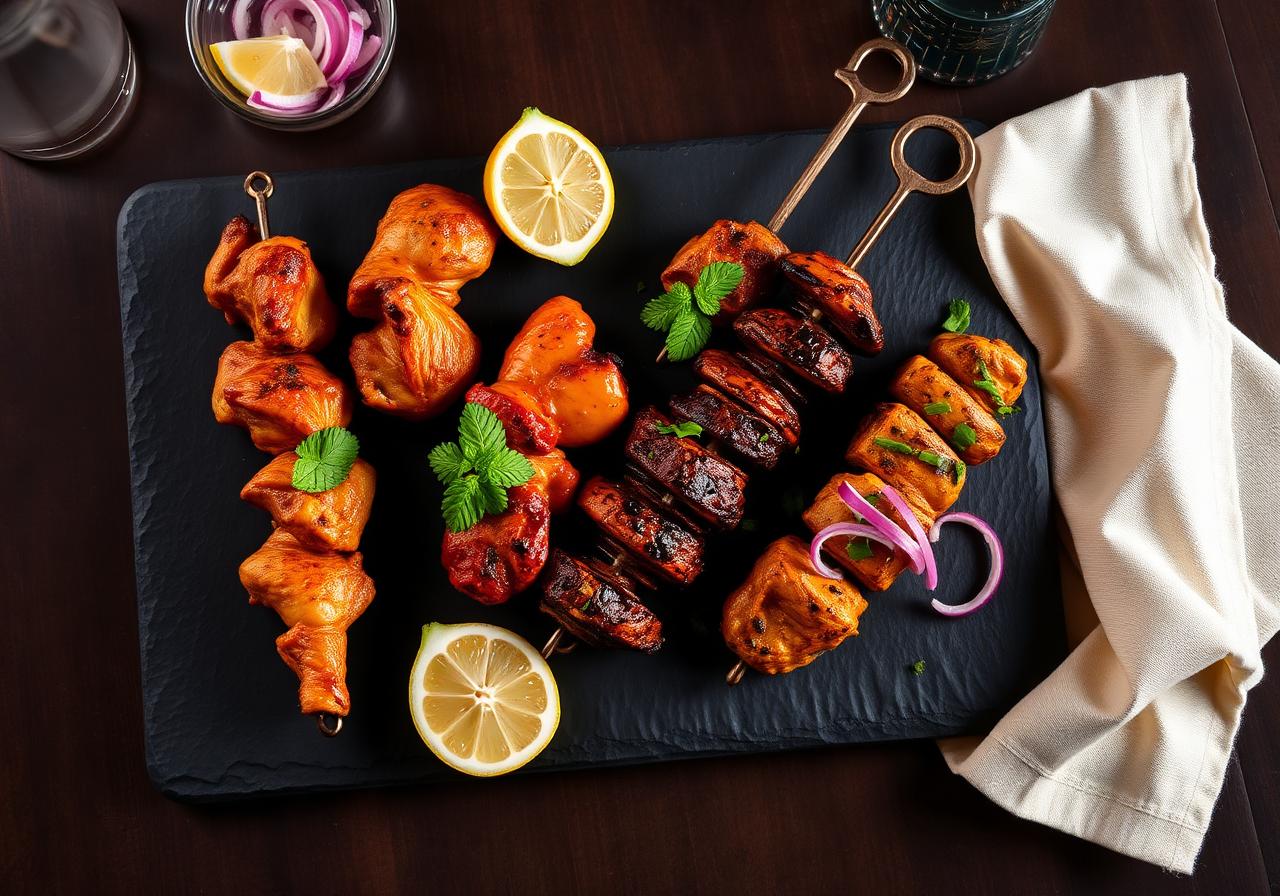 Assorted Indian chicken kebabs on a dark slate board with lemon, mint and onion lacha