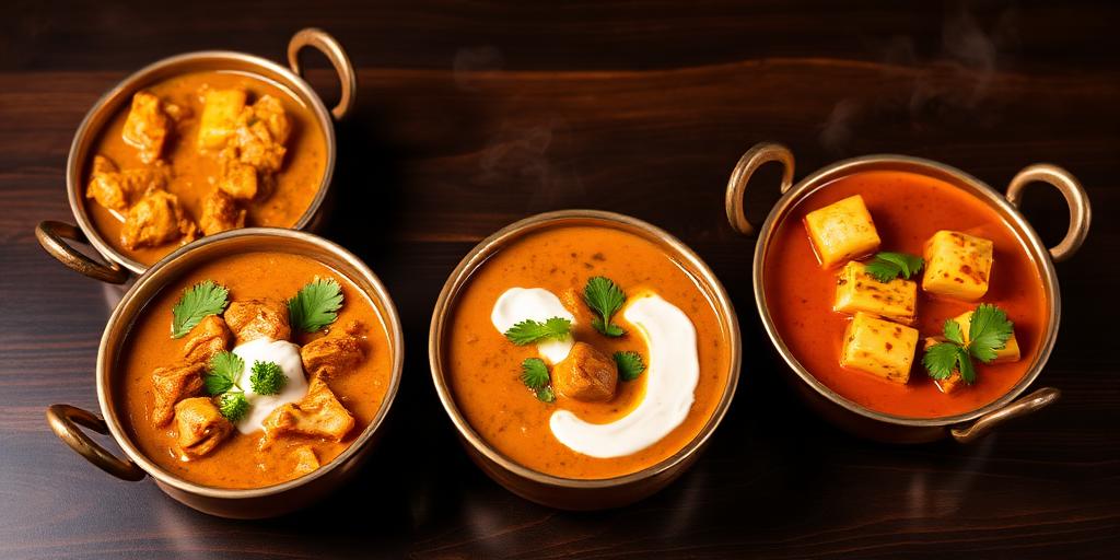 Butter chicken, dal makhani and paneer tikka masala in copper handis with steam rising