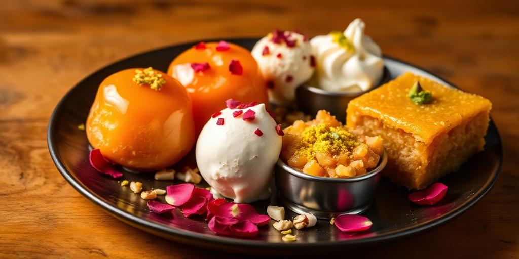 Indian dessert platter — gulab jamun with rabri, faluda ice cream and moong dal halwa