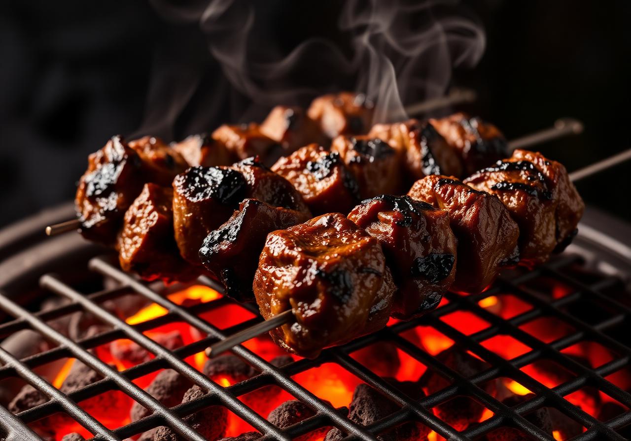 Lamb seekh and barrah kebabs glistening on a live grill with glowing embers