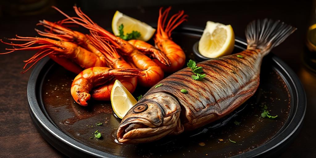 Tandoori prawns and Amritsari fish on a sizzling platter with lemon and mint chutney