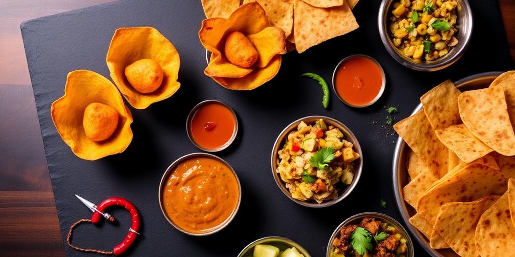 Indian starters — crispy sevpuri cups, papadums and chakhnas on a dark slate board