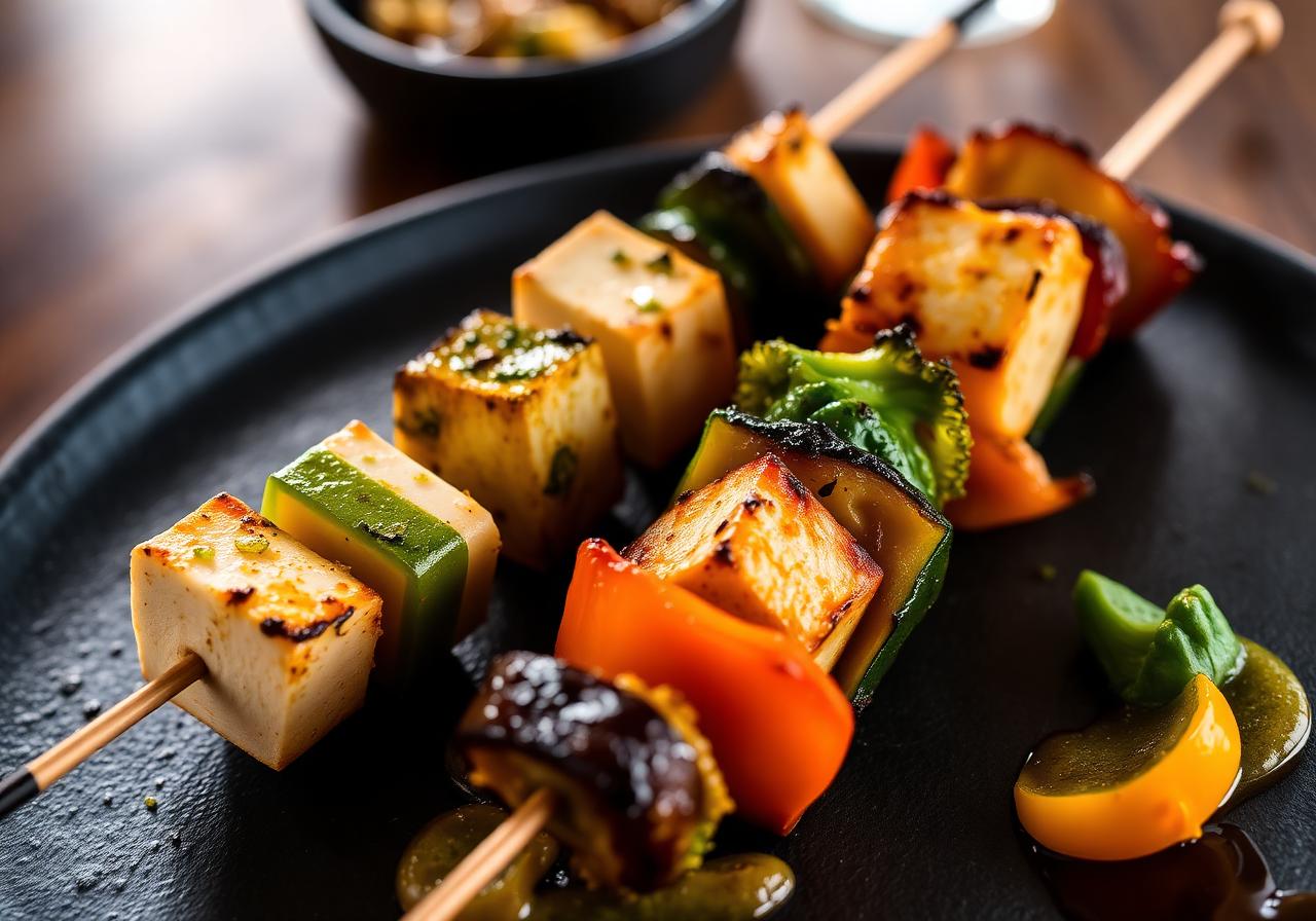 Paneer tikka and tandoori vegetable skewers with bell peppers and broccoli, charred edges, on a dark plate