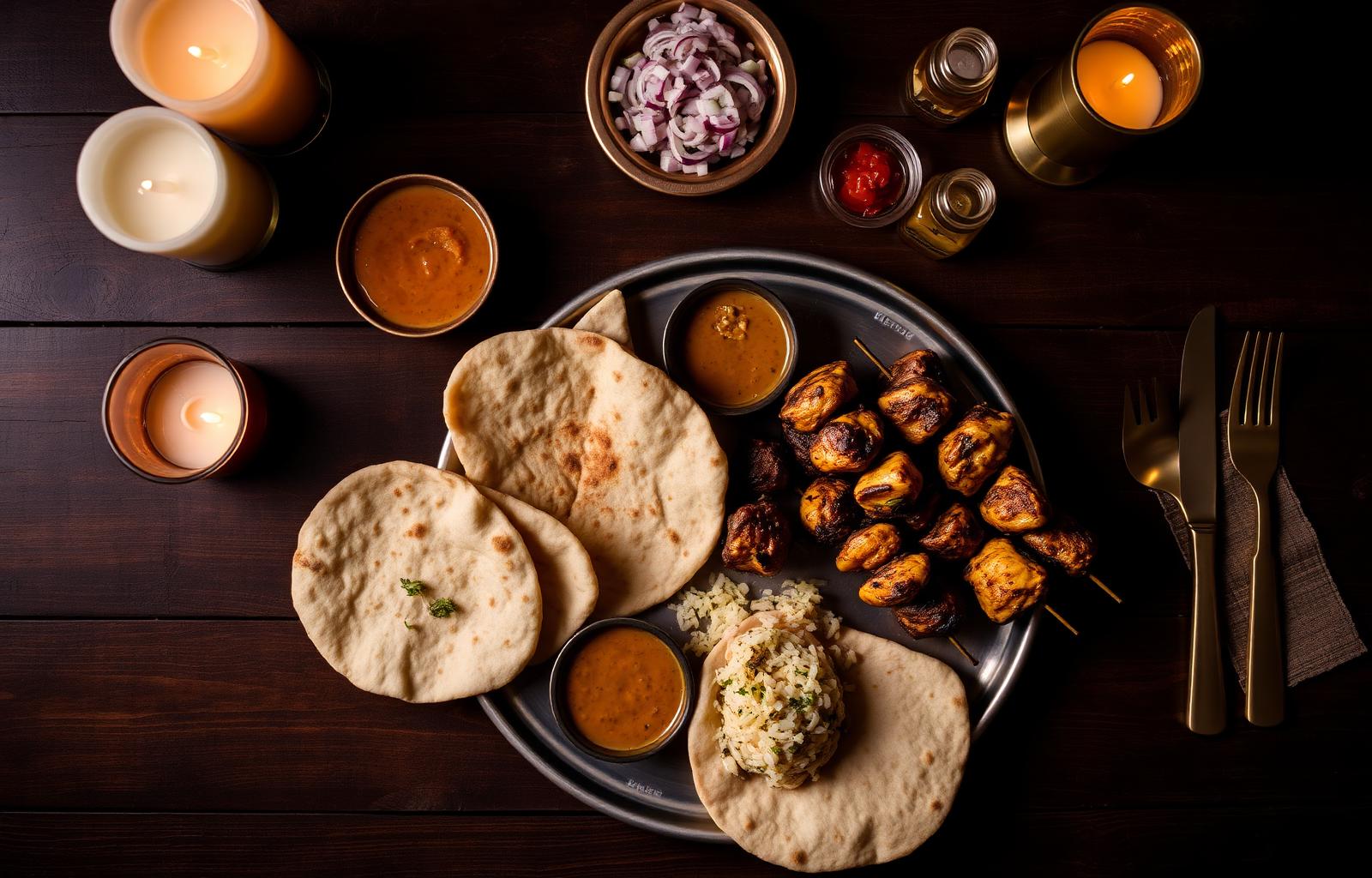 A One Man Feast plated tray with grilled kebabs, fresh naan, daal and chutneys