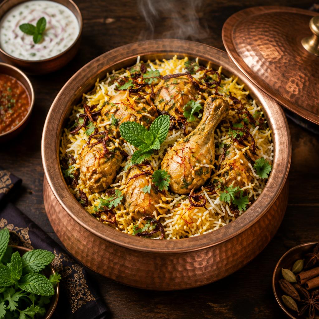 Hyderabadi chicken dum biryani with fragrant basmati rice and fresh herbs