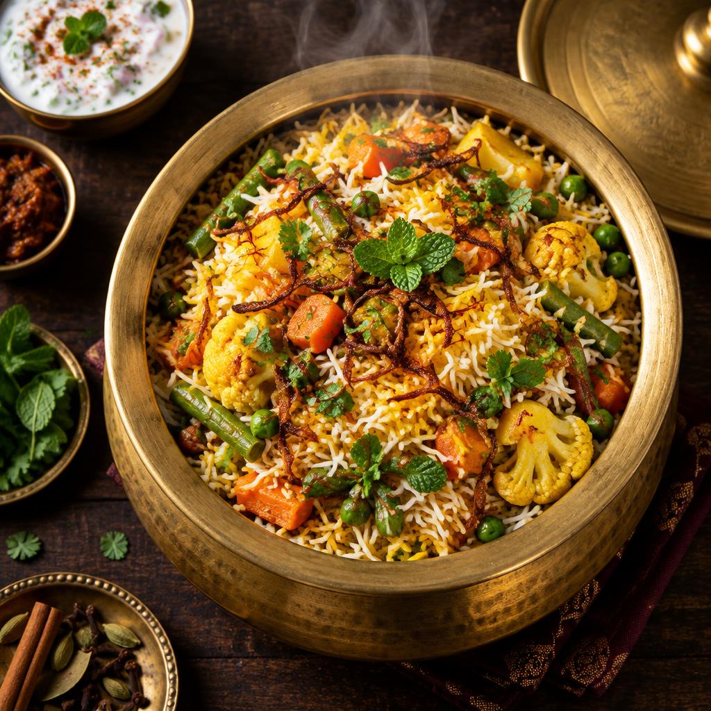 Vegetable Hyderabadi dum biryani with paneer, peas and fresh herbs