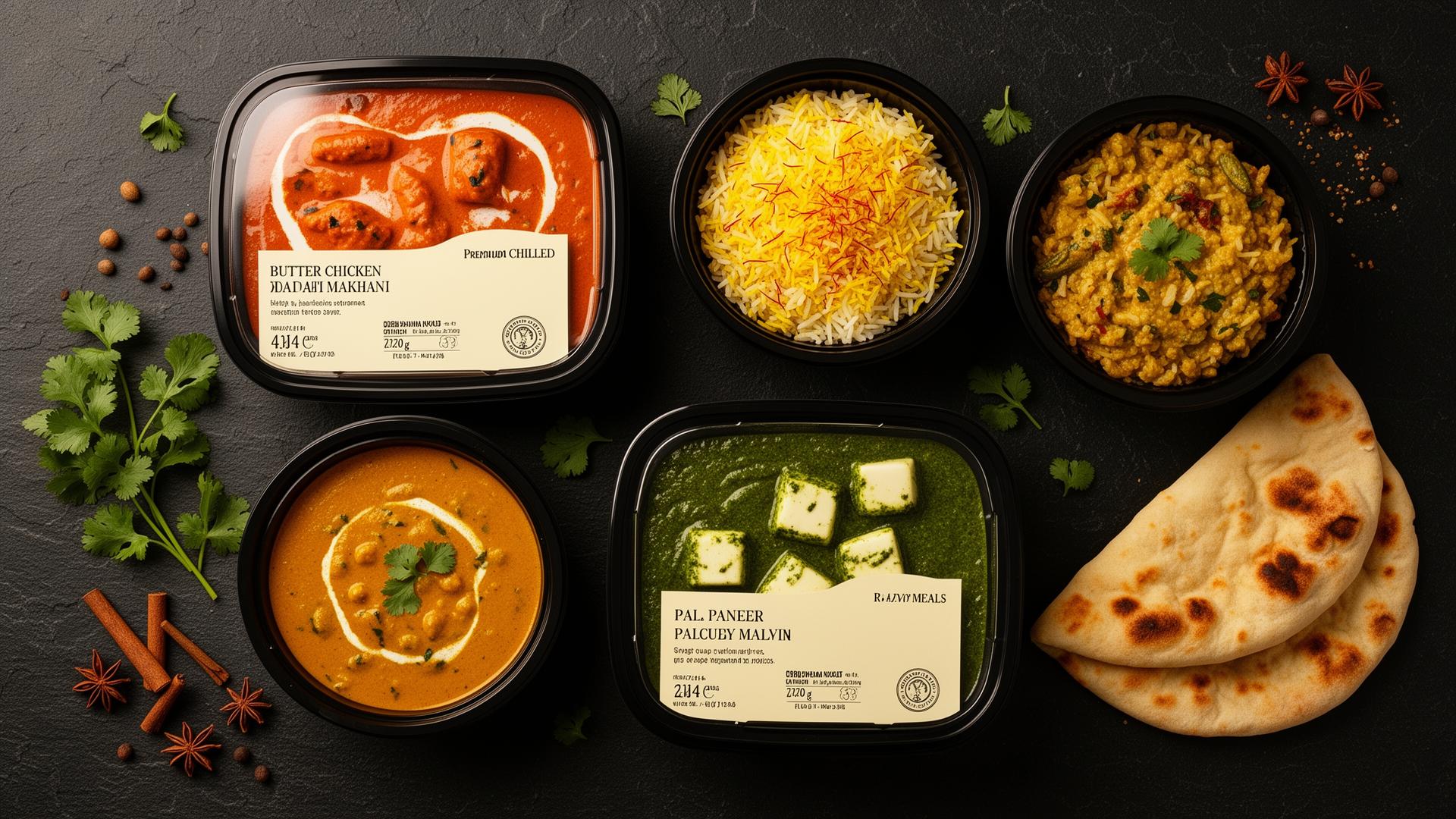 Sona's Kitchen chilled Indian ready meals — butter chicken, palak paneer, saffron rice and garlic naan